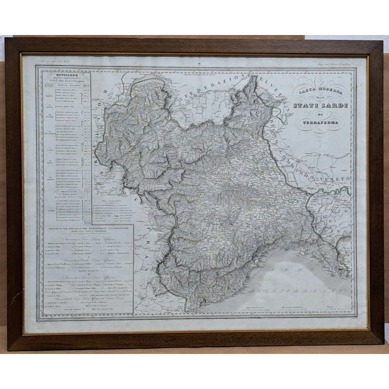 Mapa, carta moderna de Stati Sarde de terraferma, Italia