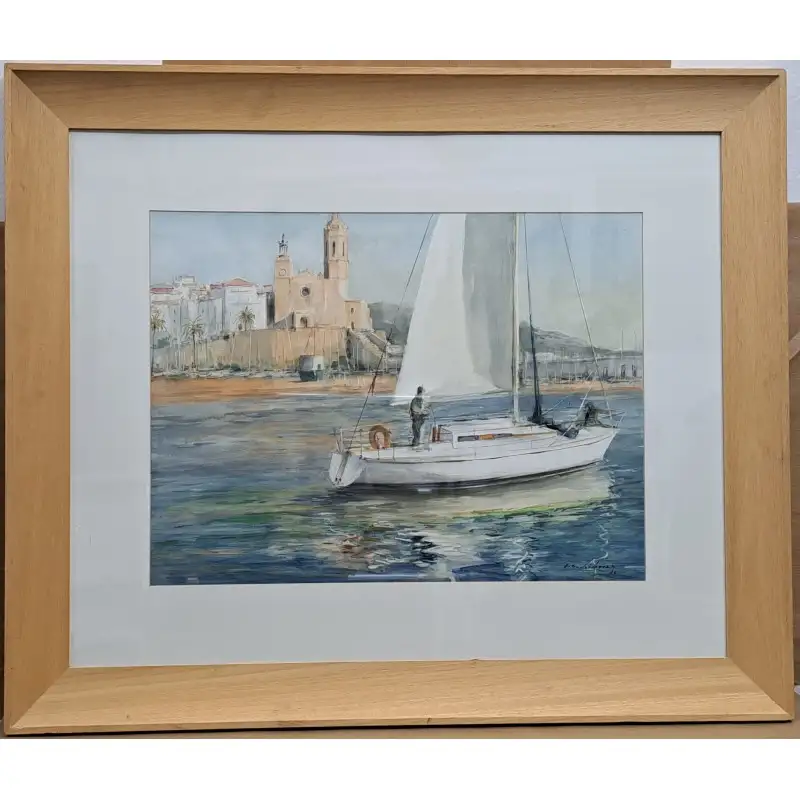 Gran Acuarela de Albert Estrada Vilarrasa (1934 – 2022) Marina de Sitges