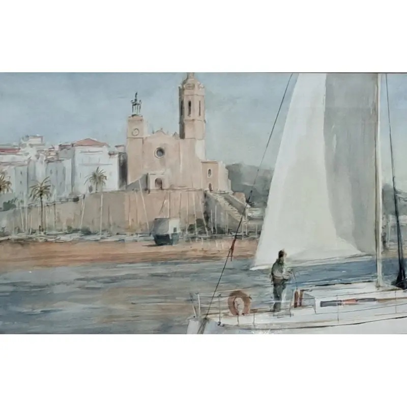 Gran Acuarela de Albert Estrada Vilarrasa (1934 – 2022) Marina de Sitges · vista 2/11