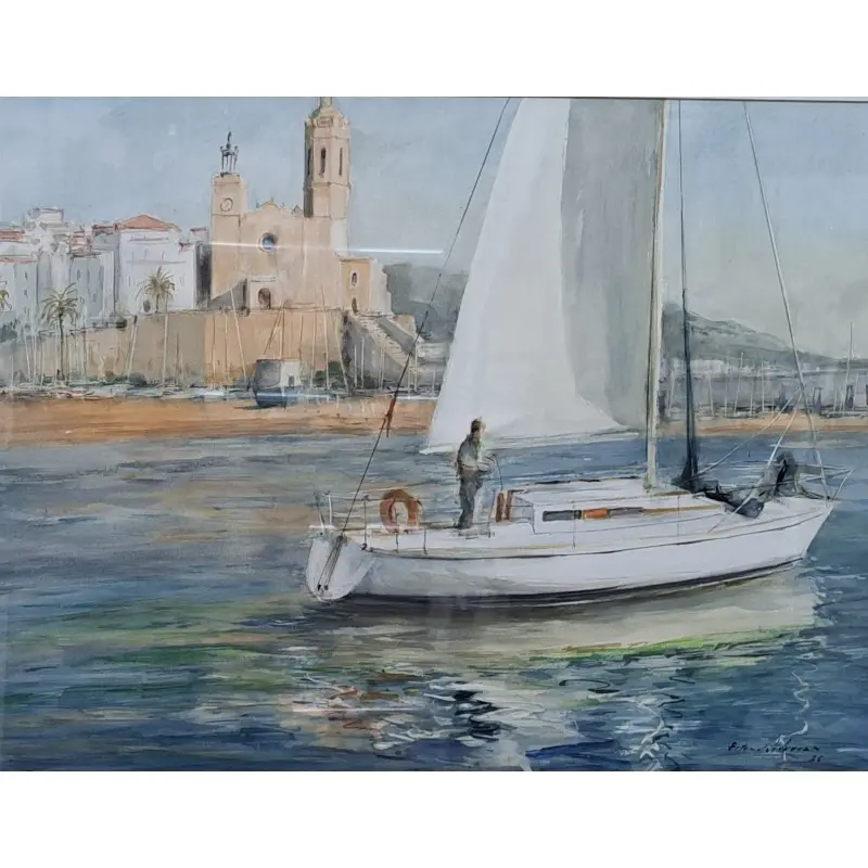Gran Acuarela de Albert Estrada Vilarrasa (1934 – 2022) Marina de Sitges · vista 3/11