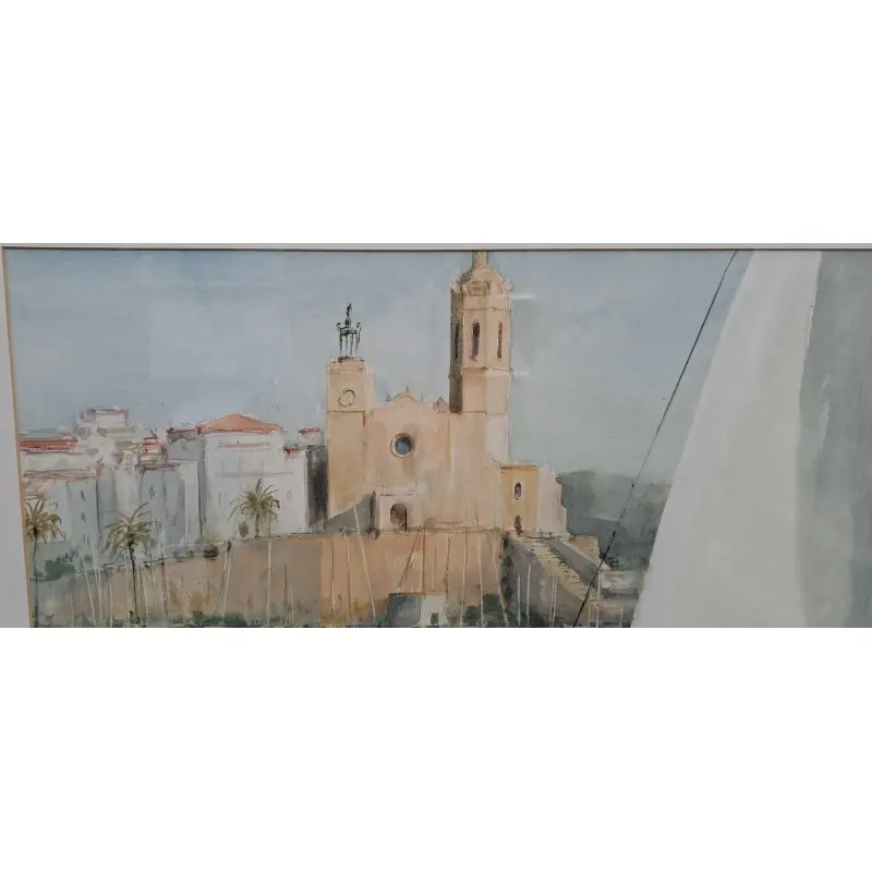 Gran Acuarela de Albert Estrada Vilarrasa (1934 – 2022) Marina de Sitges · vista 7/11