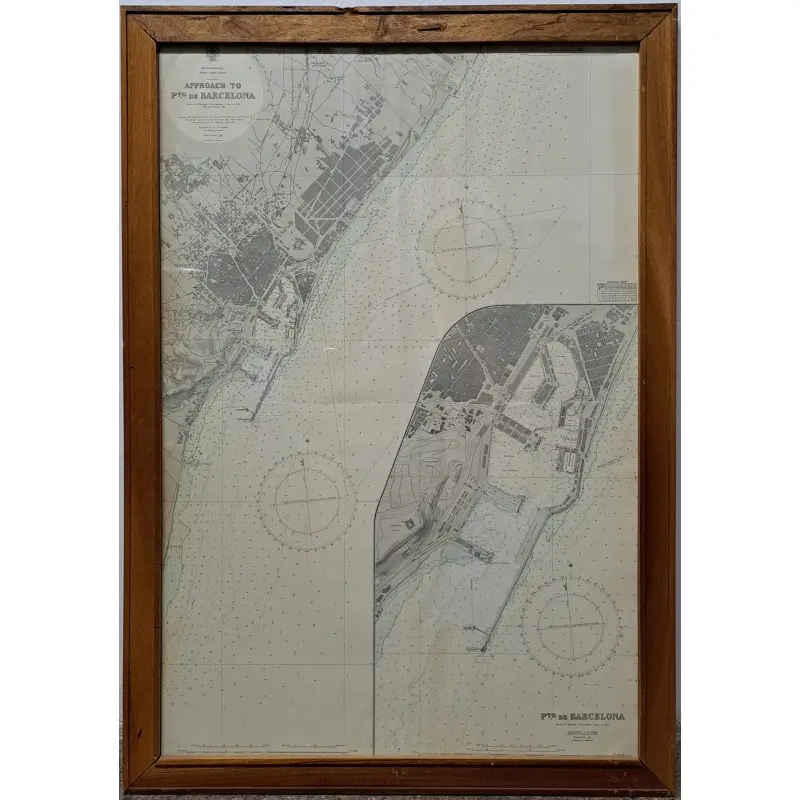 Gran carta náutica del puerto de Barcelona año 1955, enmarcada