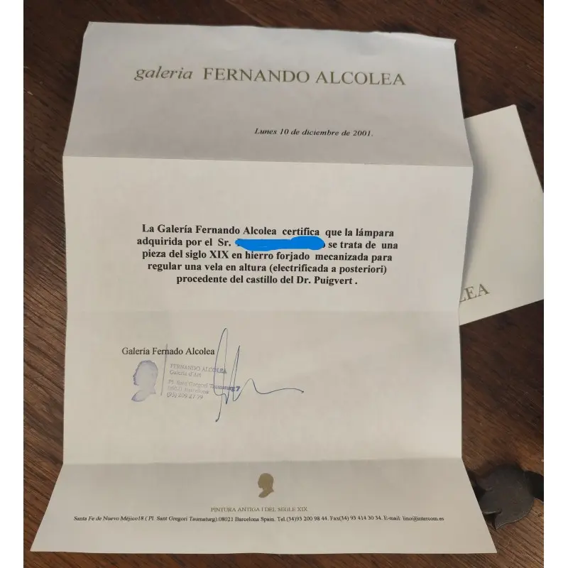Antigua lámpara de hierro forjado, con certificado de antiguedad · vista 12/12