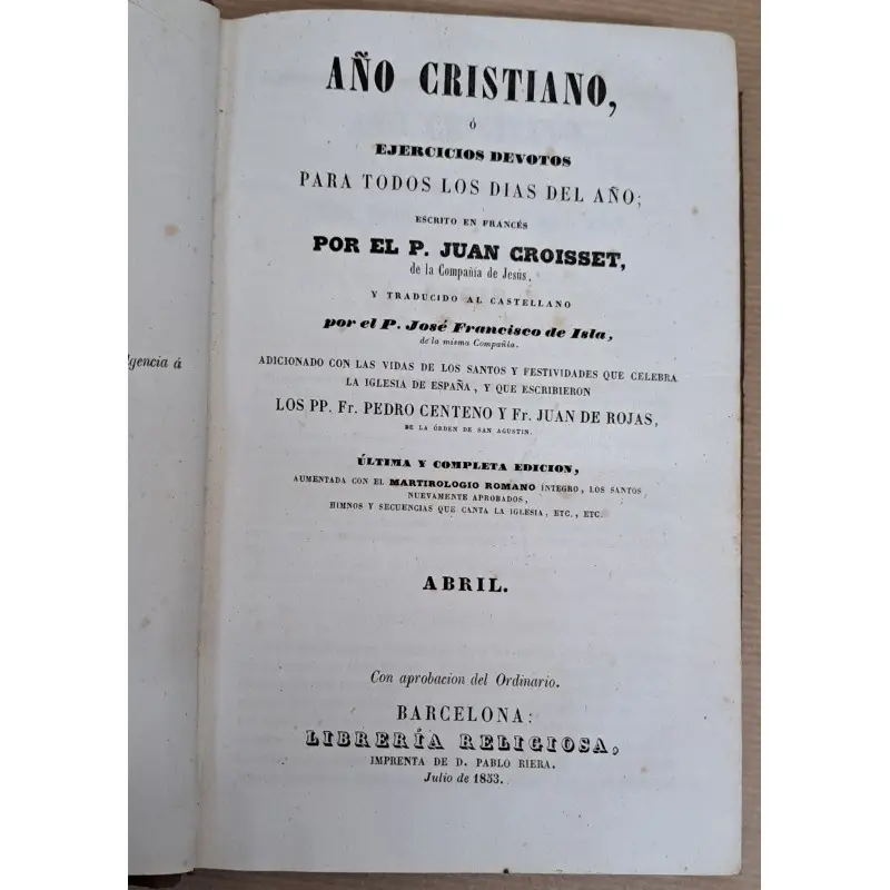 Año cristiano, Juan Croisset, año 1853-55, 14 tomos · vista 8/12