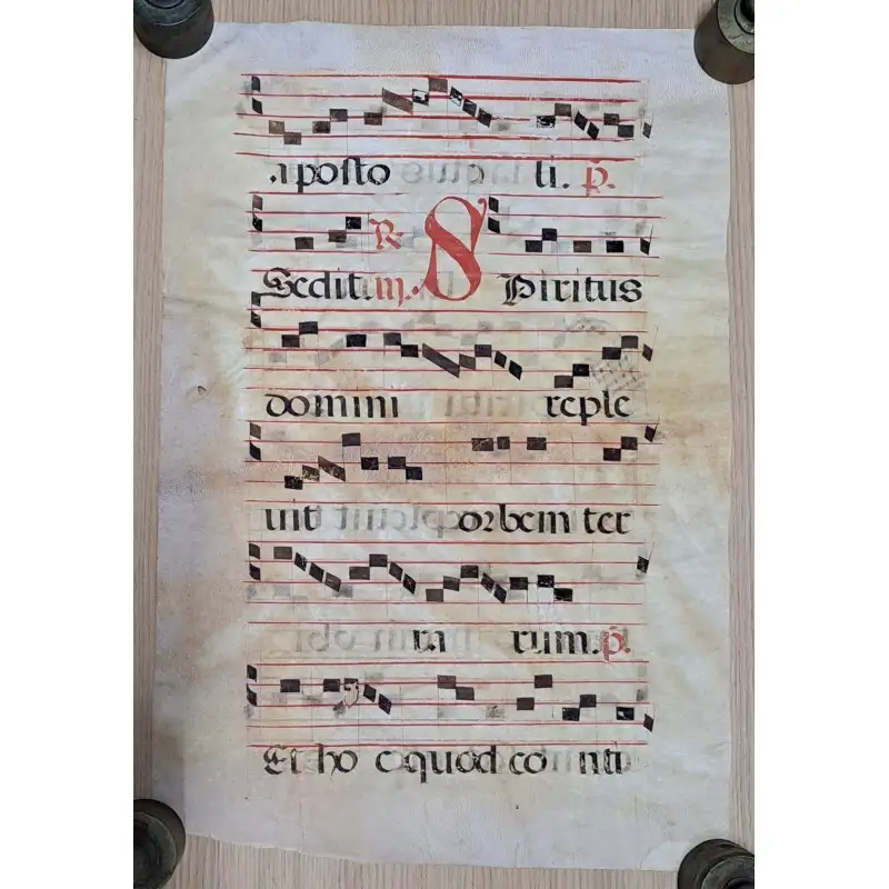 Hoja de pergamino con notación gregoriana. Siglo XV–XVI. Responsorio “Sedit Spiritus Domini”