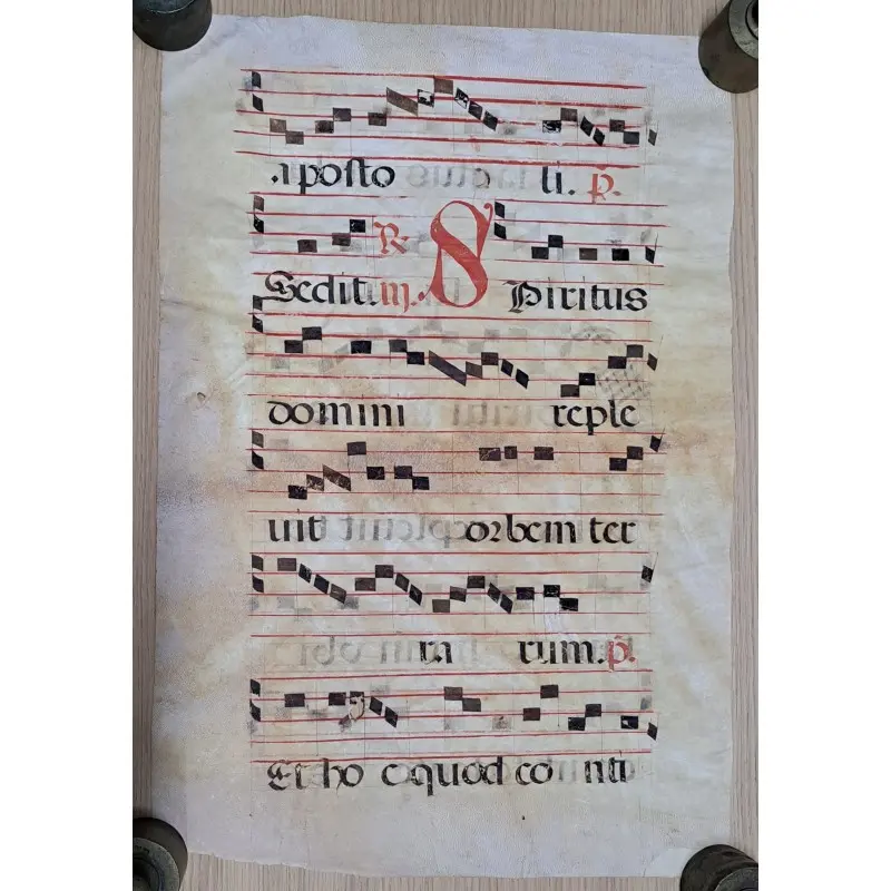 Hoja de pergamino con notación gregoriana. Siglo XV–XVI. Responsorio “Sedit Spiritus Domini”, Siglo XV · vista 2/10