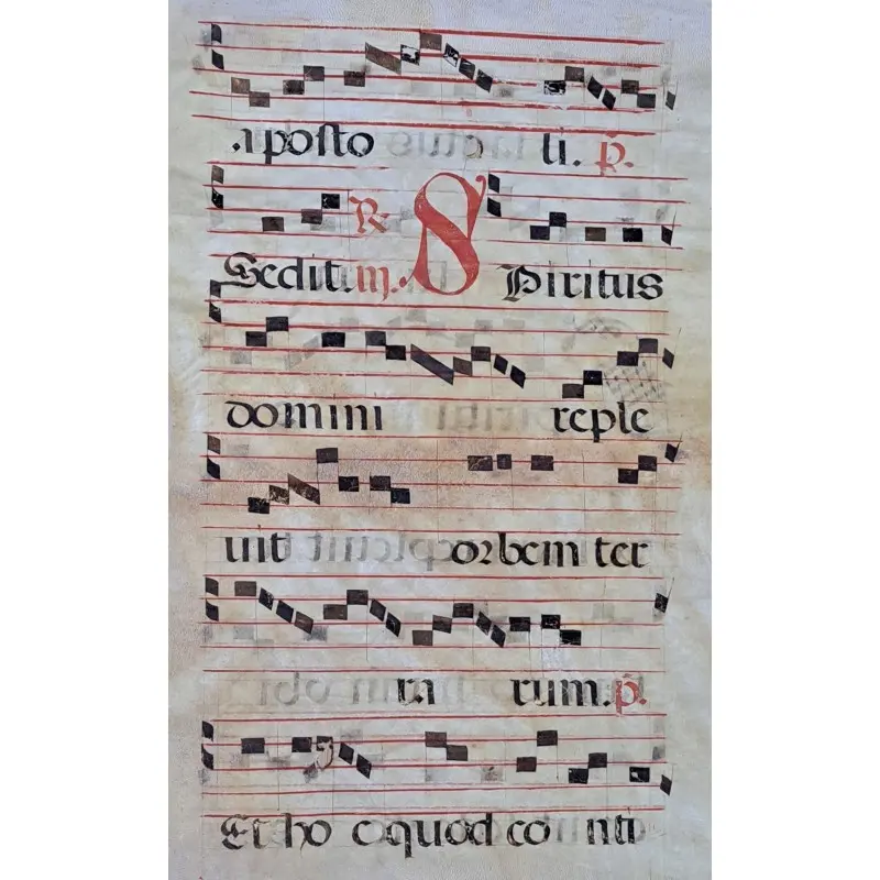 Hoja de pergamino con notación gregoriana. Siglo XV–XVI. Responsorio “Sedit Spiritus Domini”, Siglo XV · vista 3/10