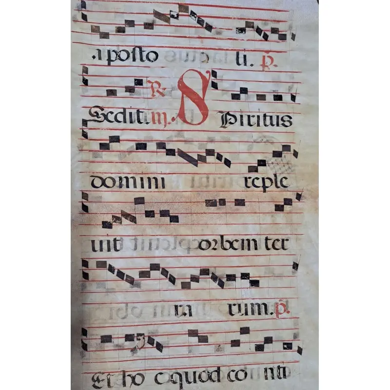 Hoja de pergamino con notación gregoriana. Siglo XV–XVI. Responsorio “Sedit Spiritus Domini”, Siglo XV · vista 4/10