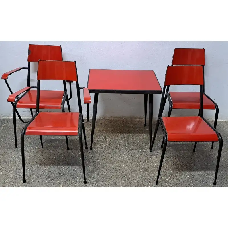 Mesa y sillas de terraza vintage, metal esmaltado, años 60