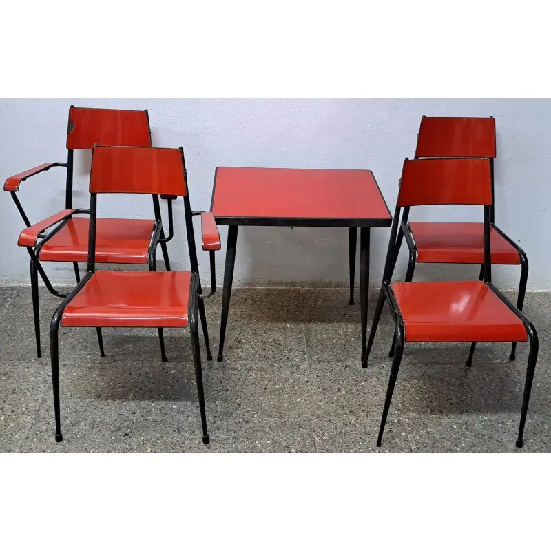 Mesa y sillas de terraza vintage, metal esmaltado, años 60