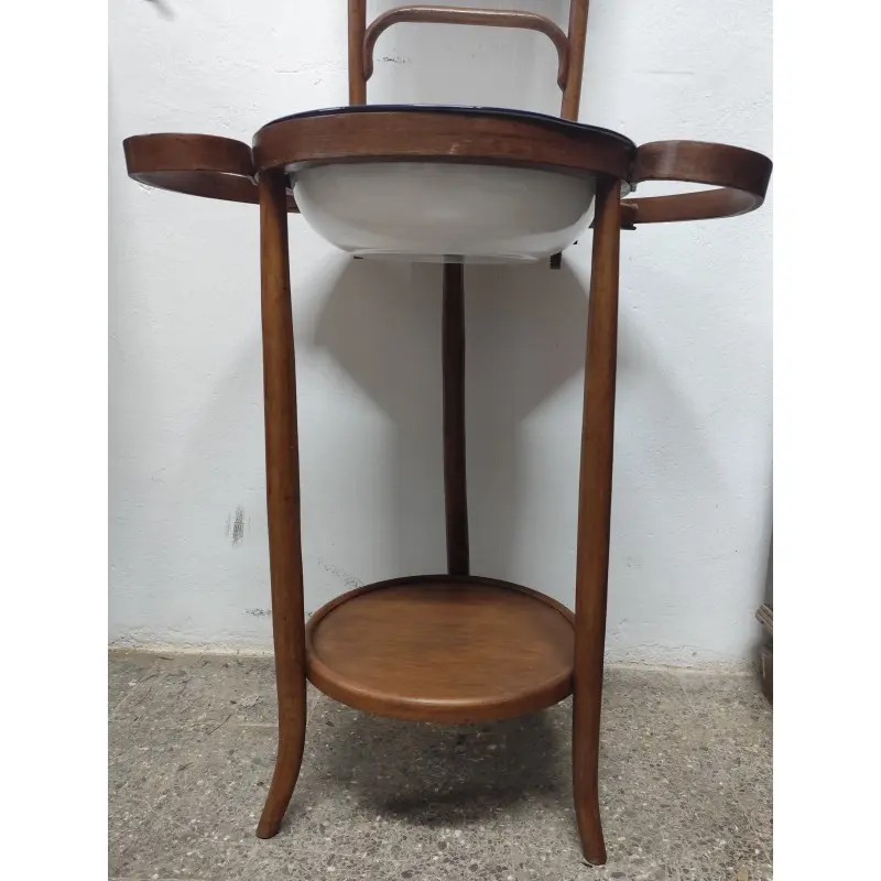 Palanganero antiguo de madera con palangana de metal · vista 7/12