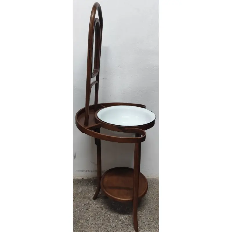 Palanganero antiguo de madera con palangana de metal · vista 8/12