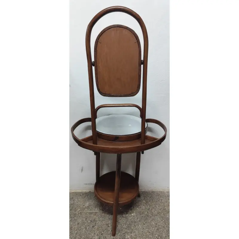 Palanganero antiguo de madera con palangana de metal · vista 10/12
