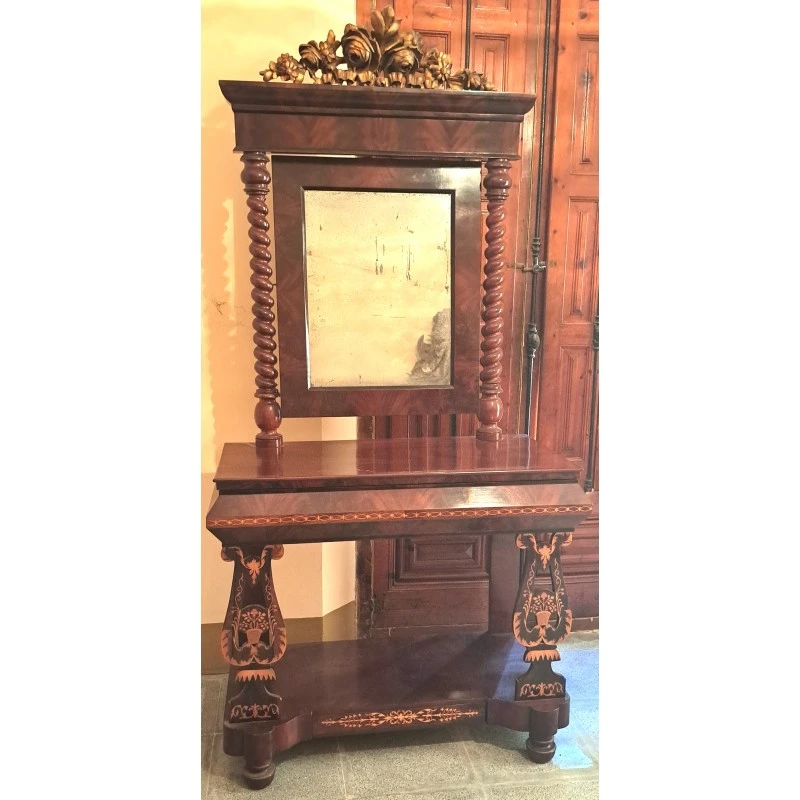 Consola Isabelina de caoba y marquetería de boj, siglo XIX, Siglo XIX