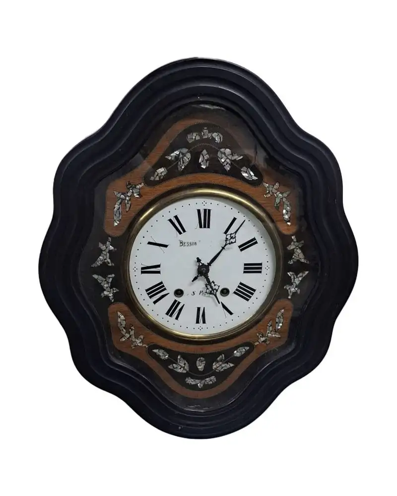 Antiguo reloj de pared siglo XIX, marquetería de nácar, funciona