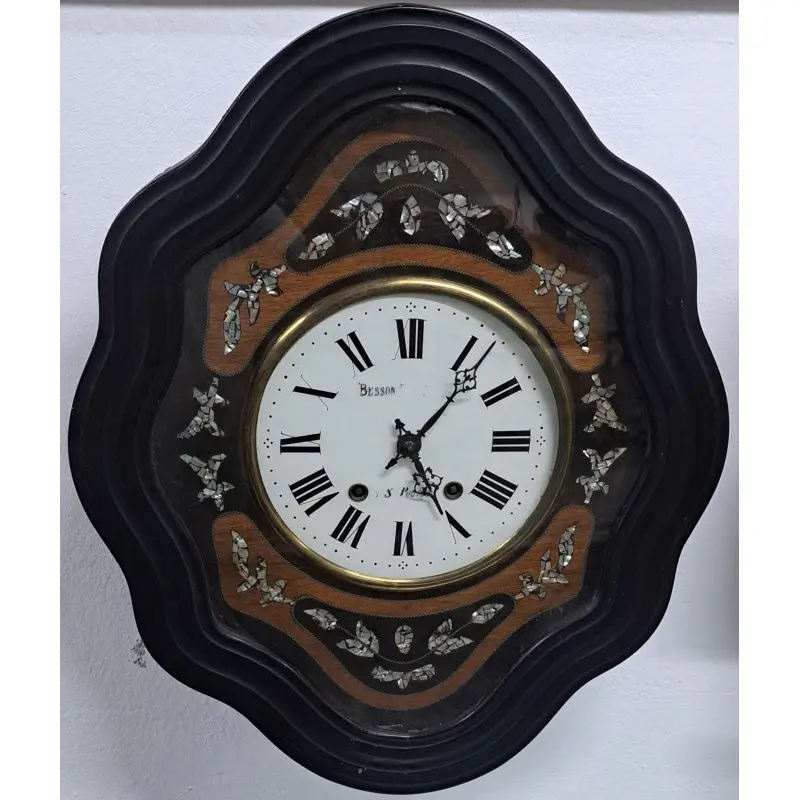 Antiguo reloj de pared siglo XIX, marquetería de nácar, funciona, Siglo XIX