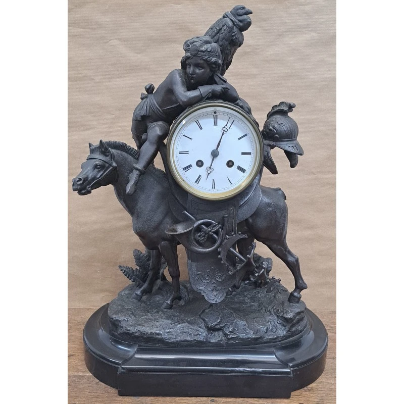 Antiguo reloj de mesa S. Marti, calamina y base de mármol, funcionando, Siglo XIX