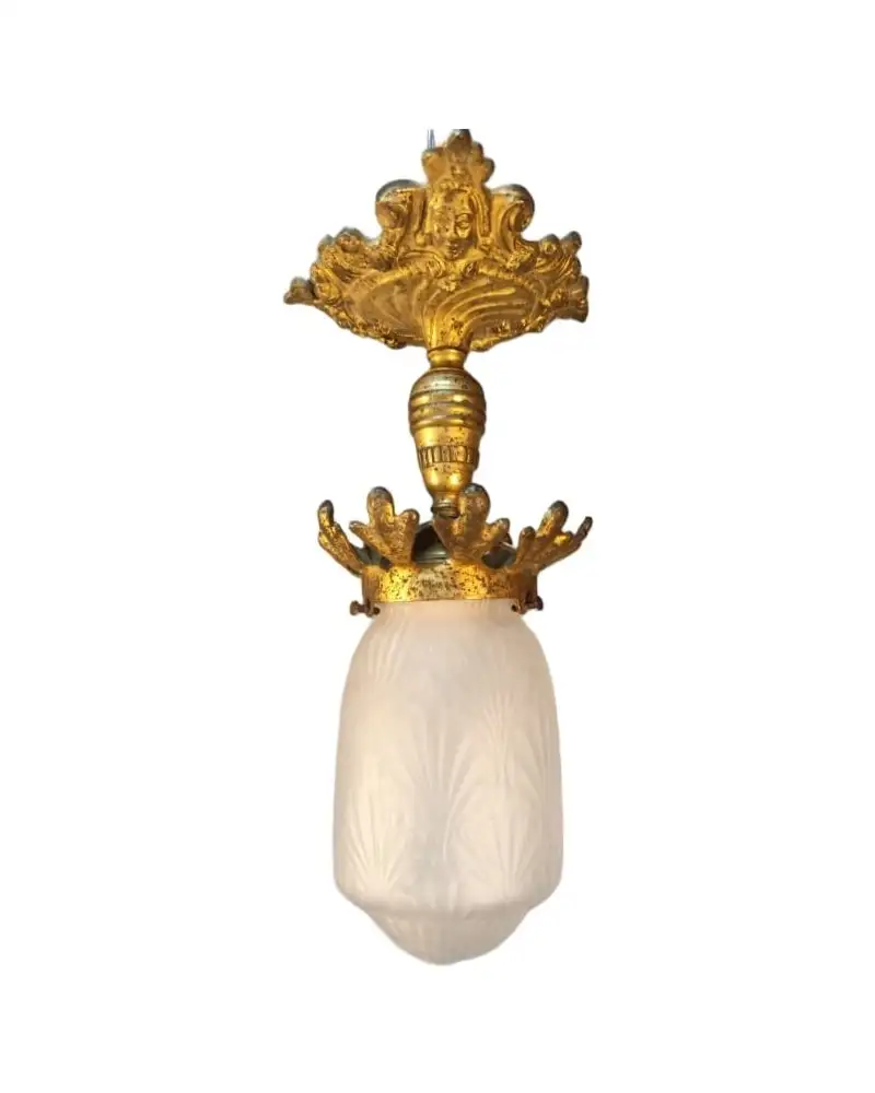 Lámpara de bronce globo de cristal mate principios siglo XX