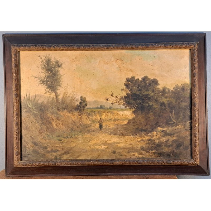 Escaleta catalana – óleo sobre lienzo, paisaje rural, finales S. XIX, Arte y Pintura, Siglo XIX