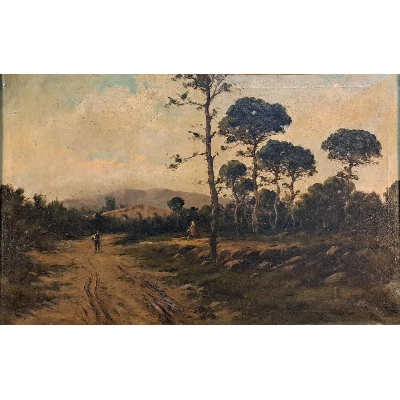 Escaleta catalana – óleo sobre lienzo, paisaje, finales S. XIX, Arte y Pintura, Siglo XIX