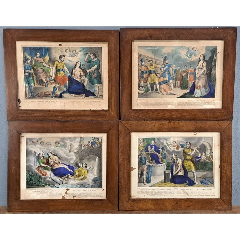 4 grabados, el martirio de Santa Filomena, siglo XIX, Religioso y Devocional, Siglo XIX