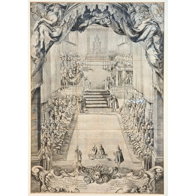 Grabado “Ceremonia Real” – Martín Engelbrecht – Augsburgo, siglo XVIII, Arte y Pintura, Siglo XVIII