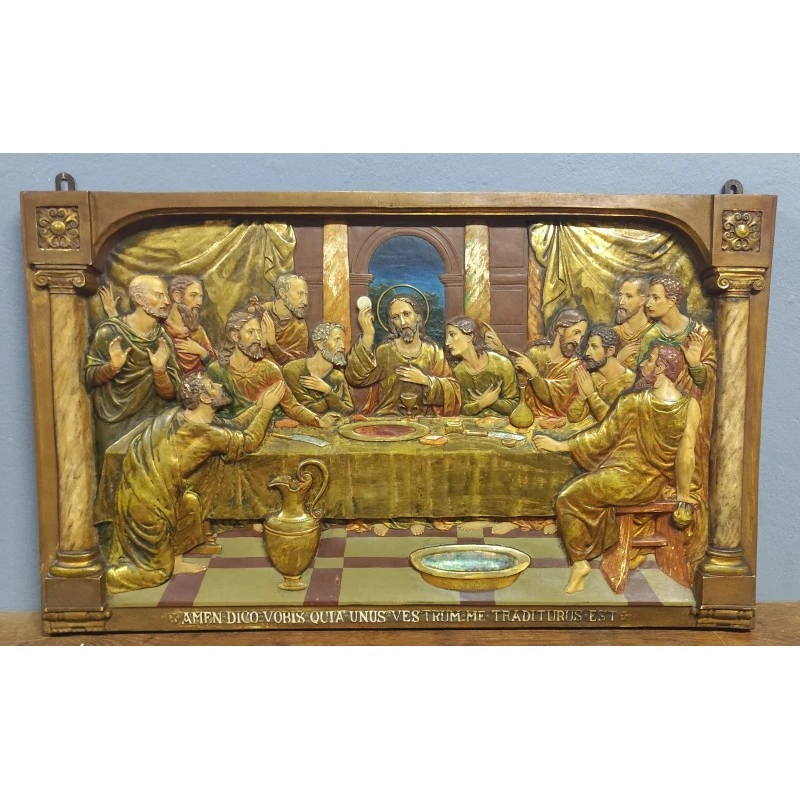 Santa cena de estuco relieve policromado principios siglo XX, Religioso y Devocional, Siglo XX
