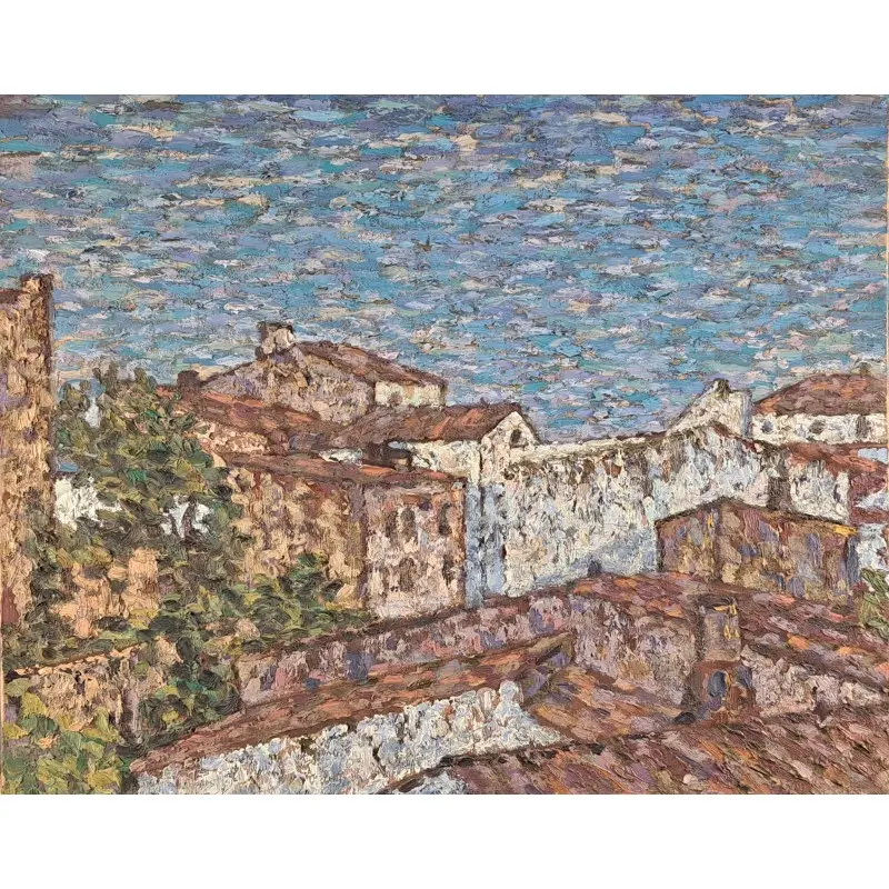 Óleo sobre lienzo, paisaje mediterráneo. Escuela catalana, mediados del siglo XX, Arte y Pintura, Siglo XX