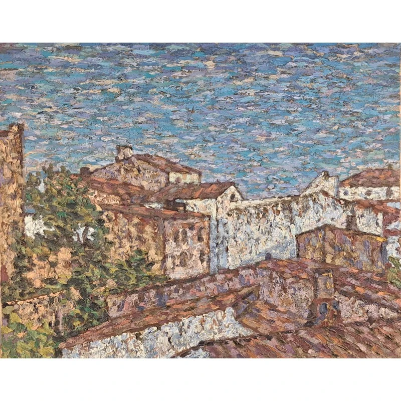 Óleo sobre lienzo, paisaje mediterráneo. Escuela catalana, mediados del siglo XX, Arte y Pintura, Siglo XX